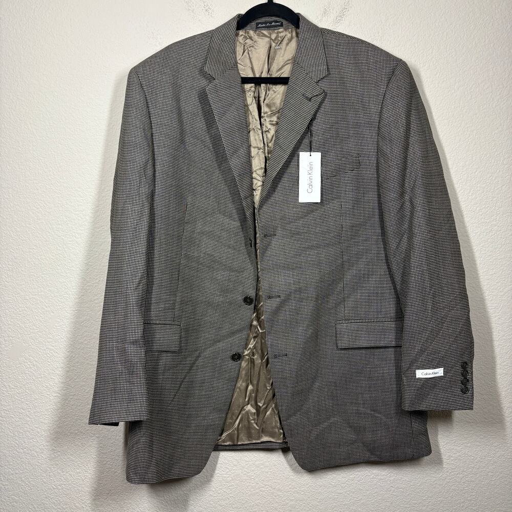 Calvin Klein Mens 46 Long Houndstooth Single Breasted Blazer Jacket Brown Wool